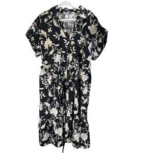 AVA & VIV Womens 2X Black White Print Floral Pockets V Neck Button Down Dress